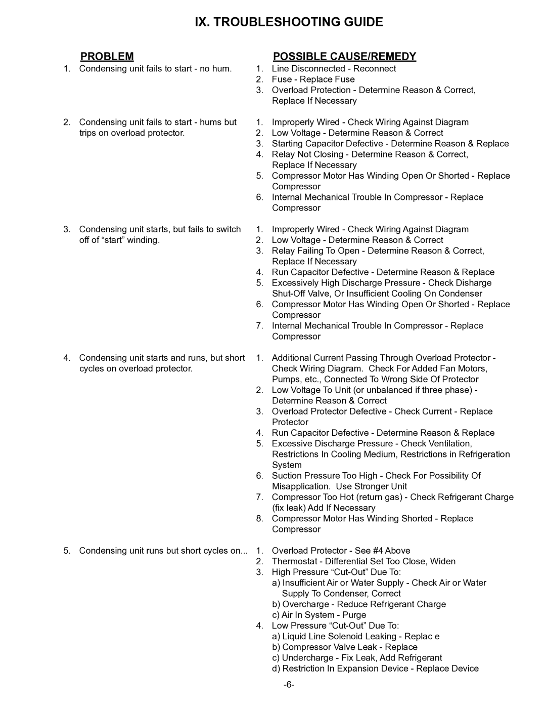 Traulsen RAC3T owner manual IX. Troubleshooting Guide, Problem Possible CAUSE/REMEDY 