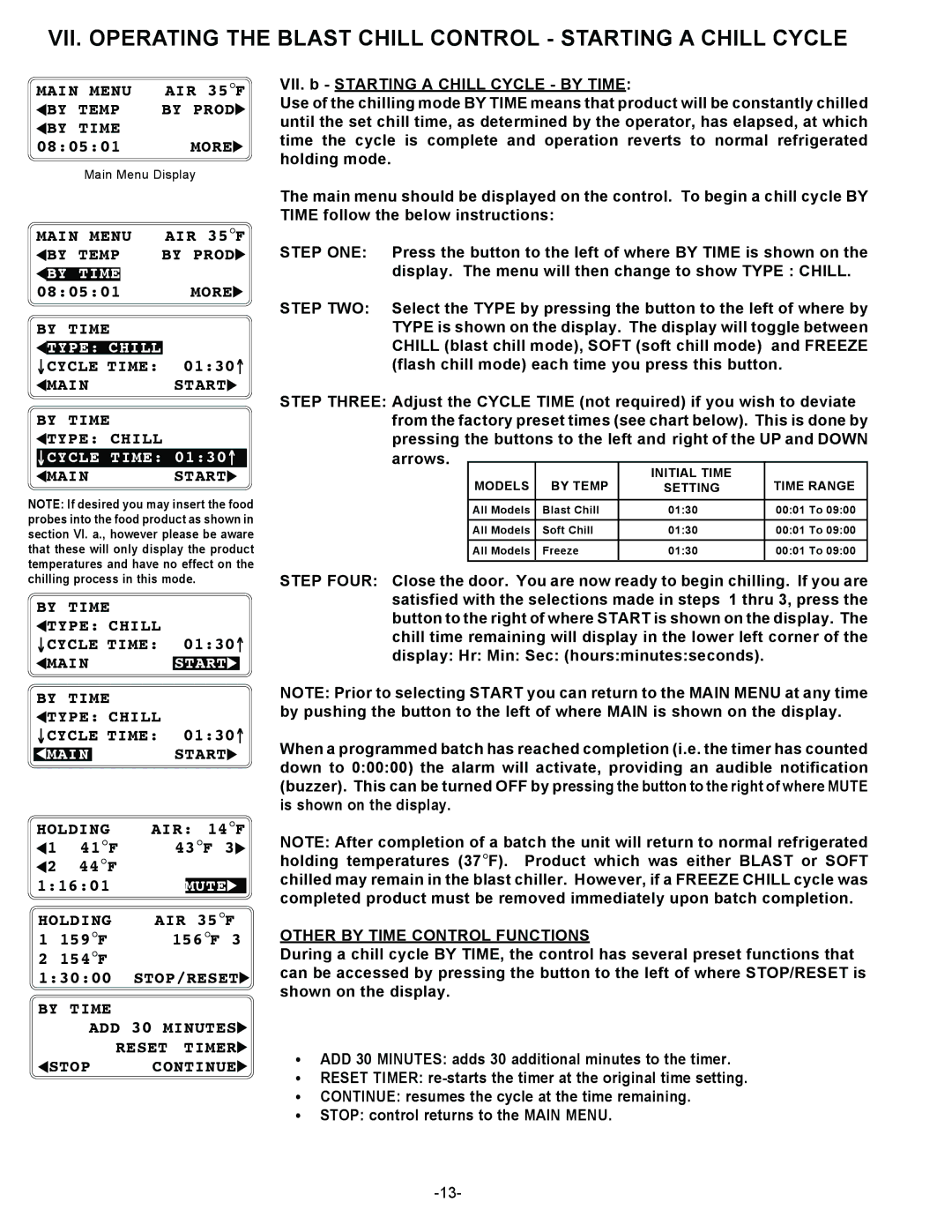 Traulsen RBC200, RBC400 By Time Type Chill ↓CYCLE Time, Holding, Stop/Reset, Time ADD 30 Minutes Reset Timer Stop Continue 