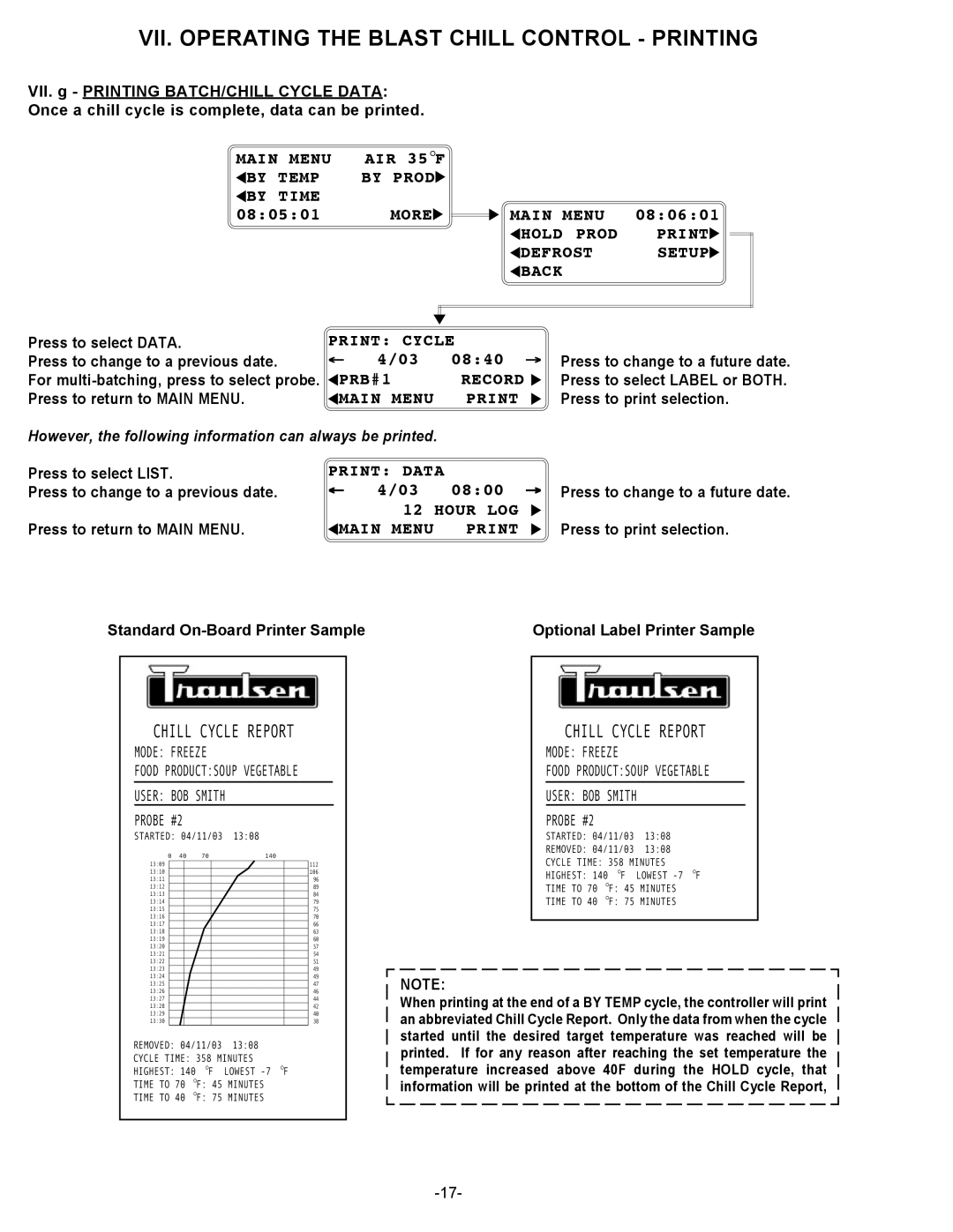 Traulsen RBC400RT, RBC200RT owner manual VII. Operating the Blast Chill Control Printing 