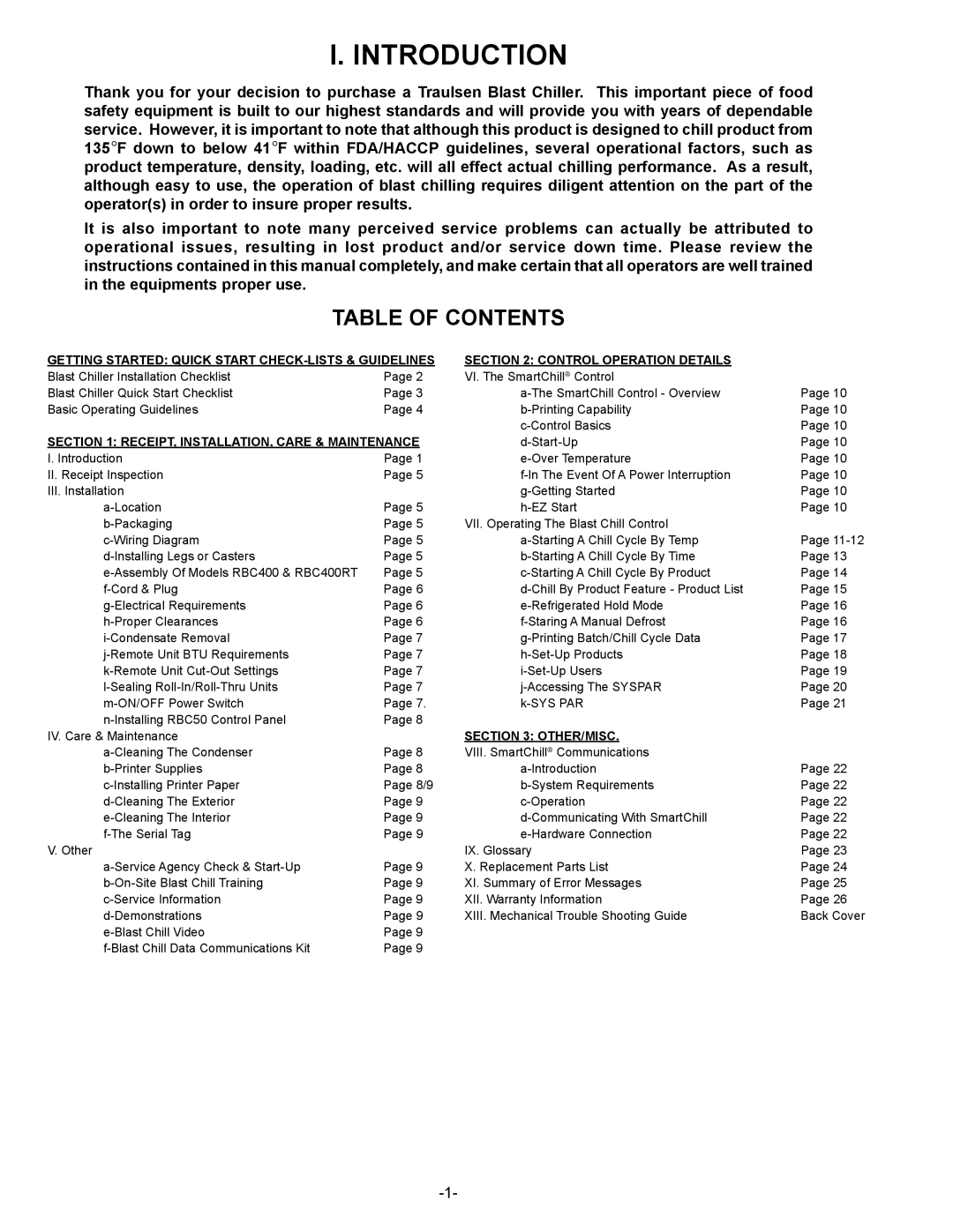 Traulsen RBC400RT, RBC200RT owner manual Introduction, Table of Contents 