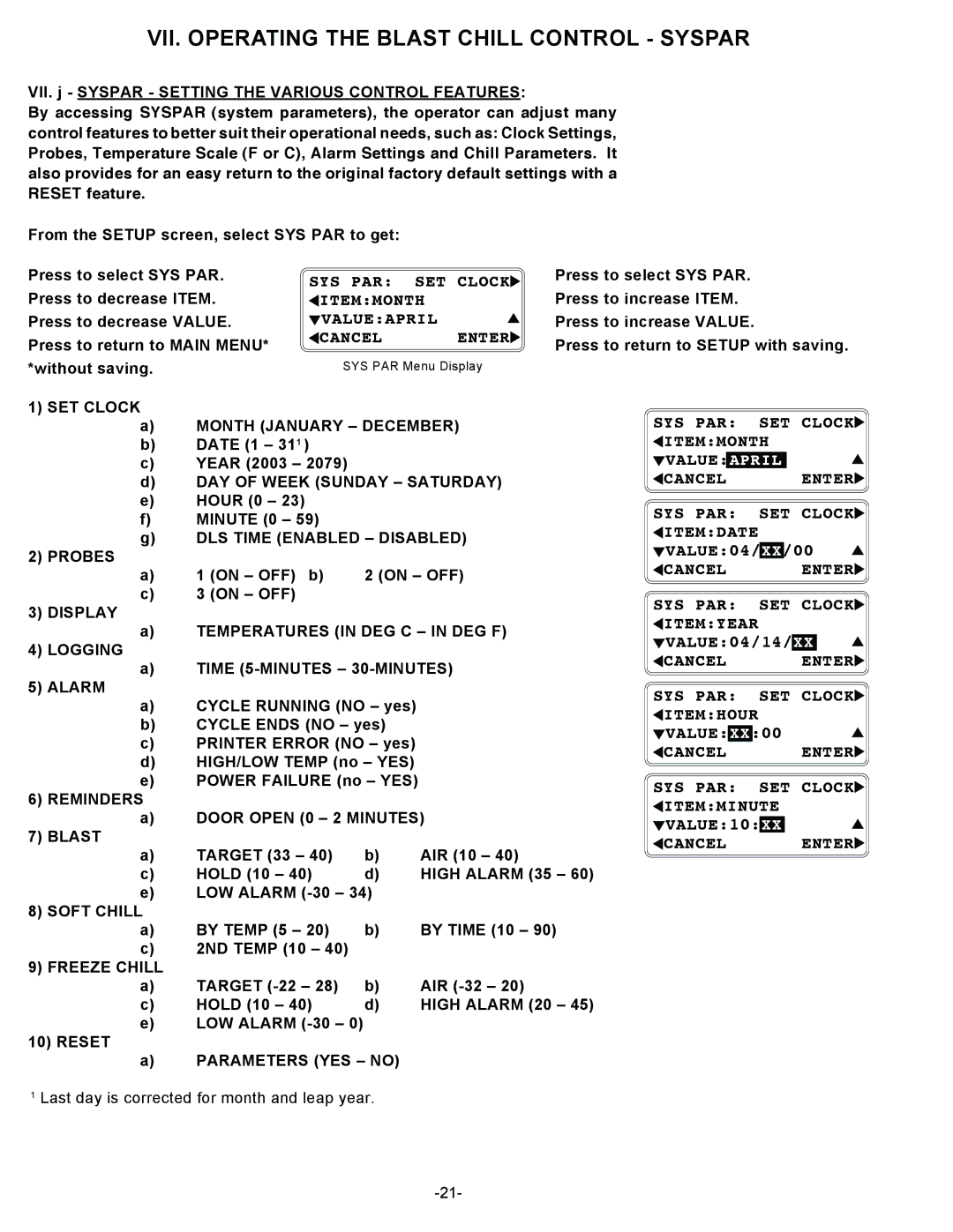 Traulsen RBC400RT, RBC200RT owner manual Itemmonth, Cancel Enter SYS PAR SET Clock Itemyear 