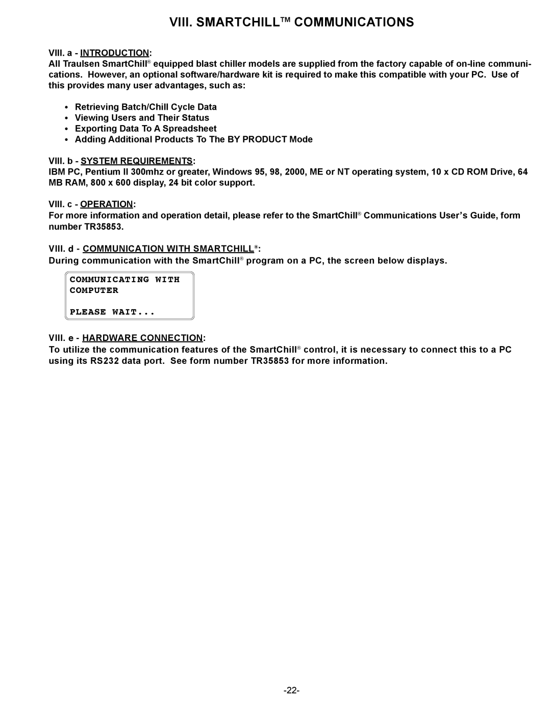 Traulsen RBC200RT, RBC400RT owner manual VIII. Smartchilltm Communications, Communicating with Computer Please Wait 