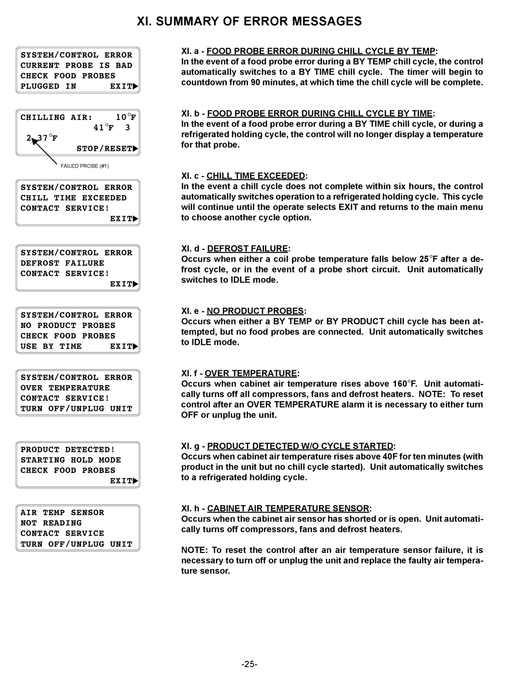 Traulsen RBC400RT, RBC200RT owner manual XI. Summary of Error Messages, XI. a Food Probe Error During Chill Cycle by Temp 