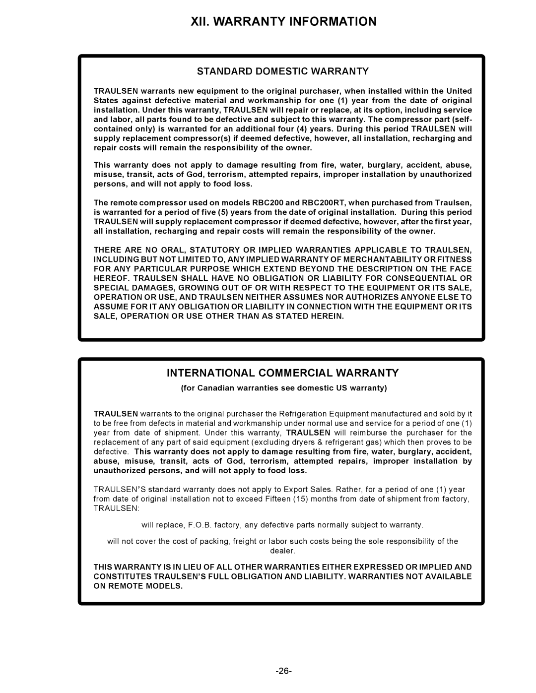 Traulsen RBC200RT, RBC400RT owner manual XII. Warranty Information, Standard Domestic Warranty 