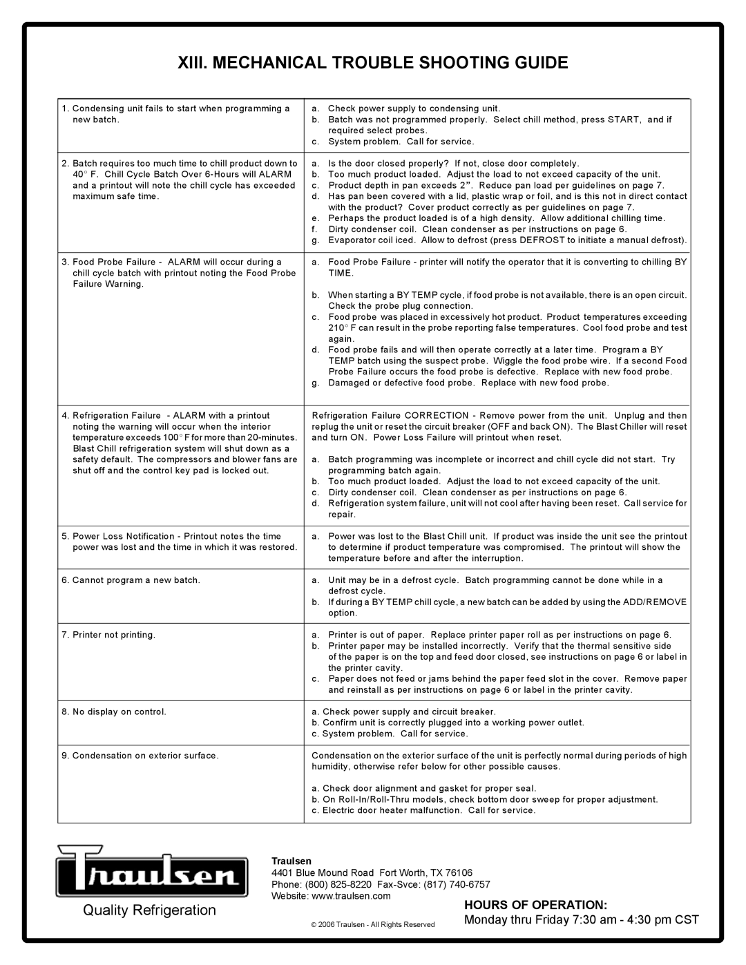 Traulsen RBC400RT, RBC200RT owner manual XIII. Mechanical Trouble Shooting Guide, Hours of Operation 