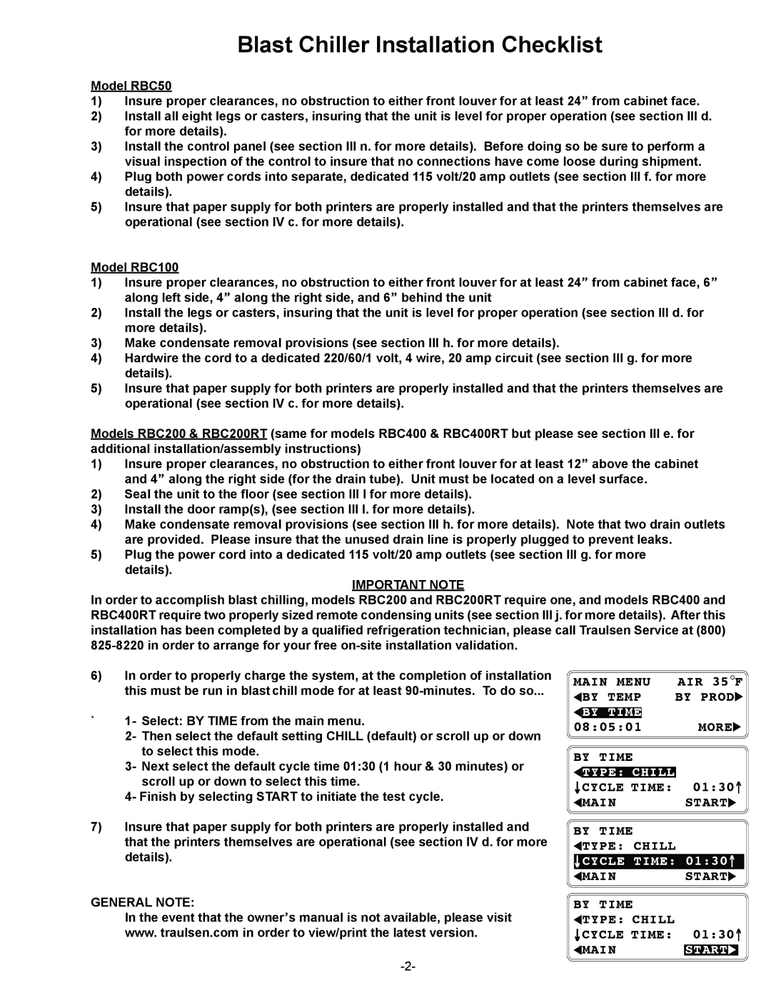 Traulsen RBC200RT, RBC400RT owner manual By Time, Type Chill, Start 