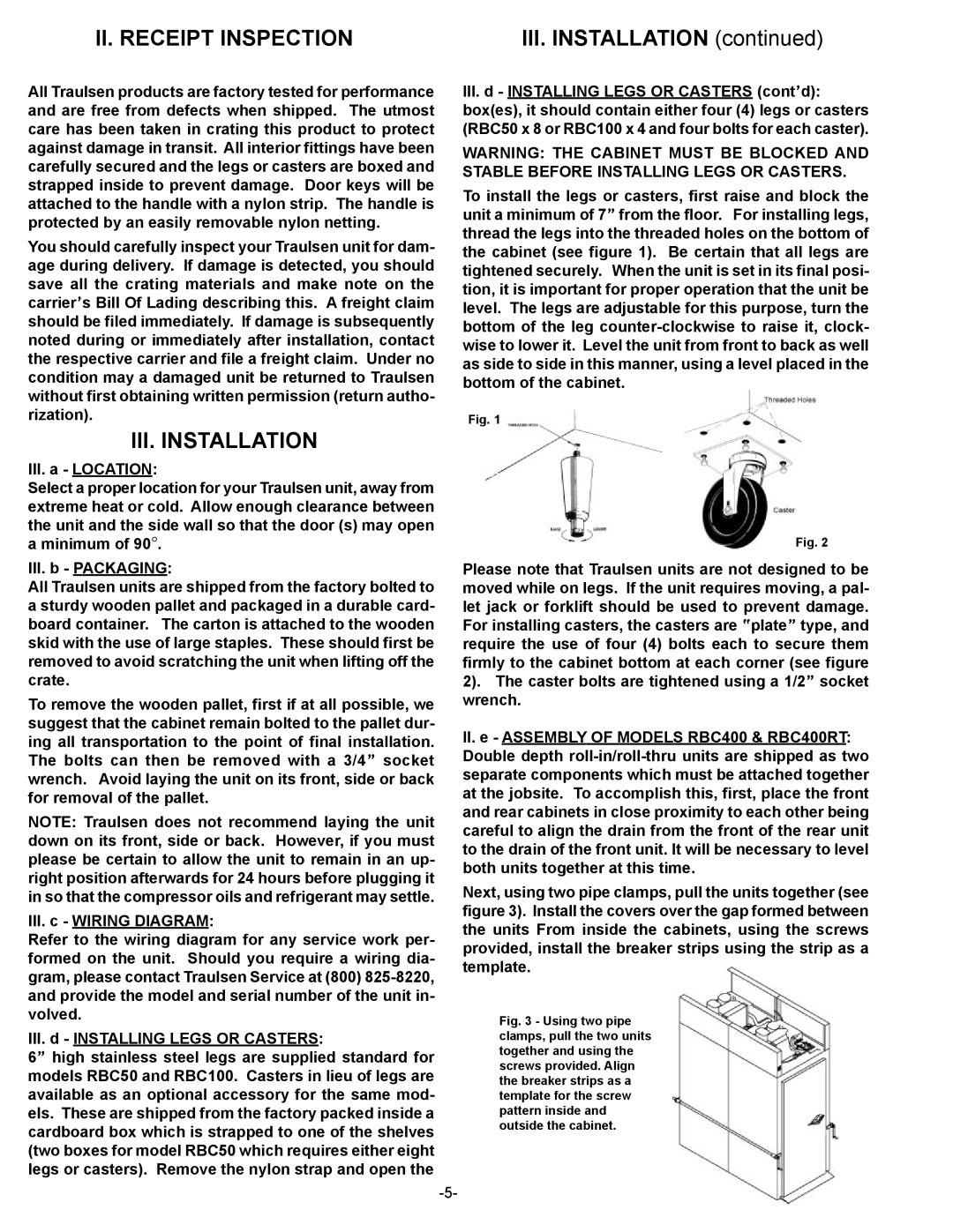 Traulsen RBC400RT, RBC200RT owner manual II. Receipt Inspection, III. Installation 