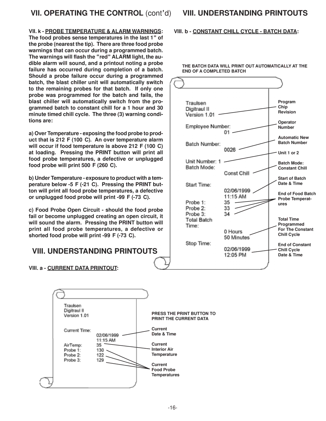 Traulsen RBC200 & RBC400, RBC50, RBC100 owner manual VIII. Understanding Printouts, VIII. b Constant Chill Cycle Batch Data 