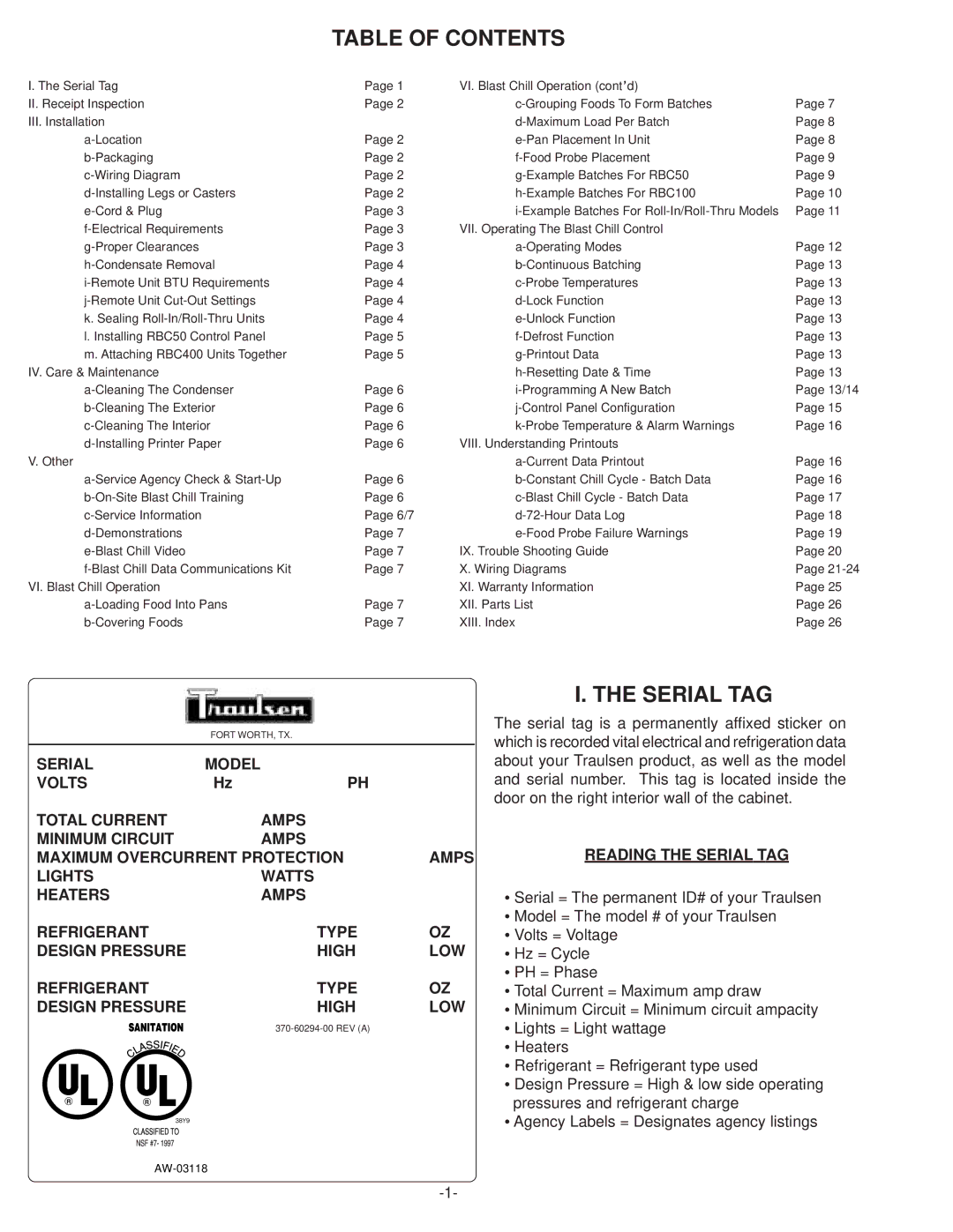 Traulsen RBC200 & RBC400, RBC50, RBC100, RBC200, RBC400, RBC200RT, RBC400RT owner manual Table of Contents, Serial TAG 