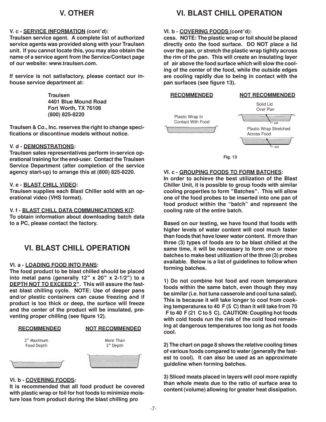 Traulsen RBC50, RBC200 & RBC400, RBC100 owner manual VI. Blast Chill Operation, Recommended Not Recommended 