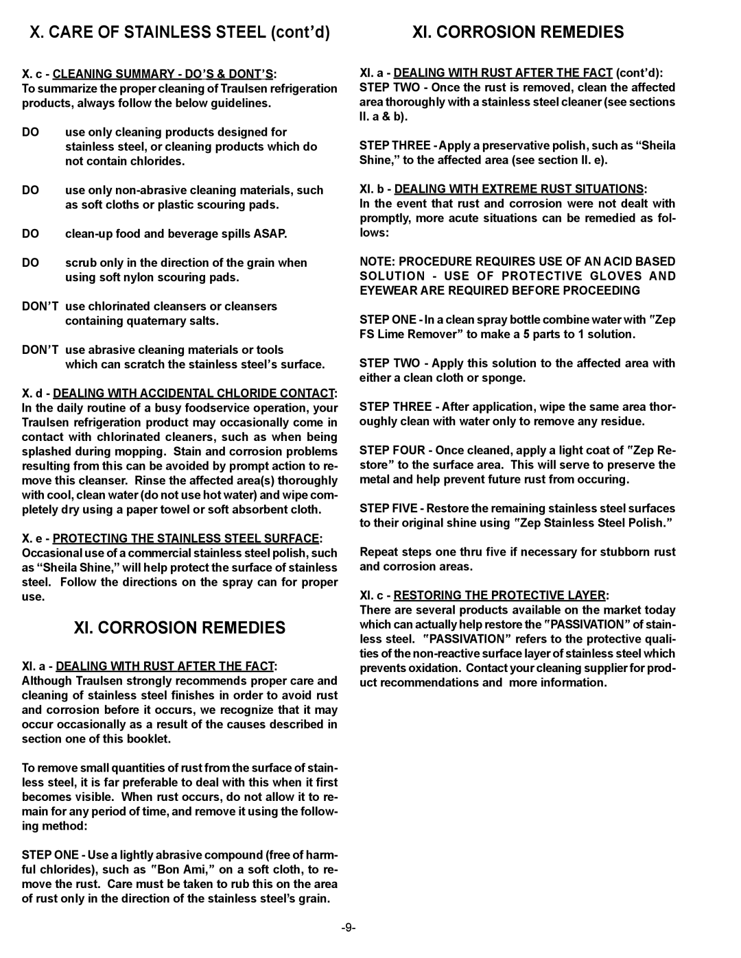 Traulsen RBF134HUT-FHS, RBF234HUT-FHS, RFS126NUT owner manual Care of Stainless Steel cont’d, XI. Corrosion Remedies 