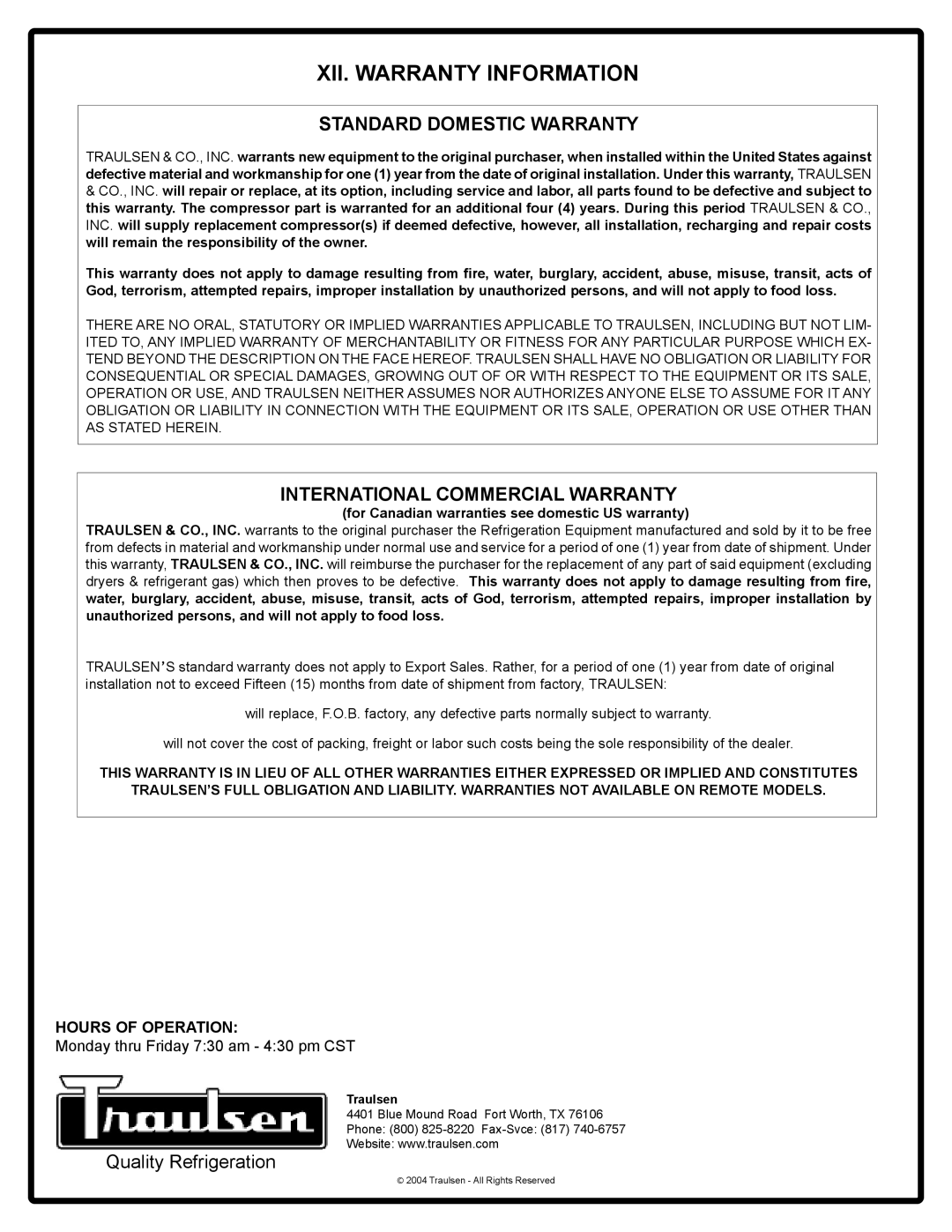 Traulsen RBF234HUT-FHS, RFS126NUT, RBF134HUT-FHS owner manual XII. Warranty Information, Standard Domestic Warranty 