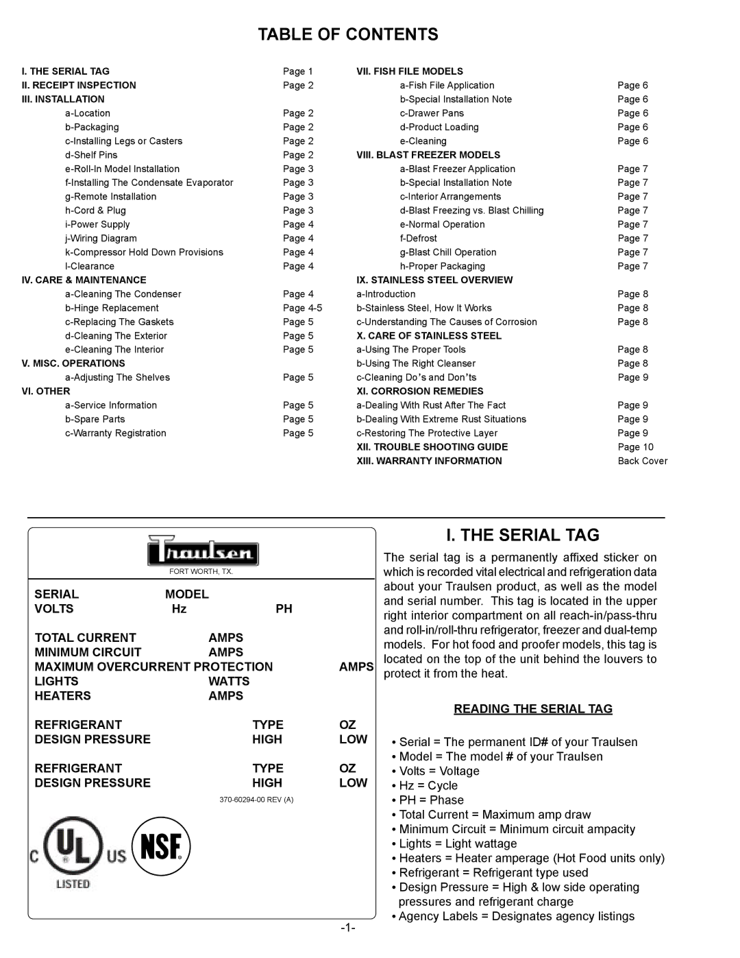 Traulsen RBF134HUT-FHS, RBF234HUT-FHS, RFS126NUT owner manual Table of Contents, Serial TAG 