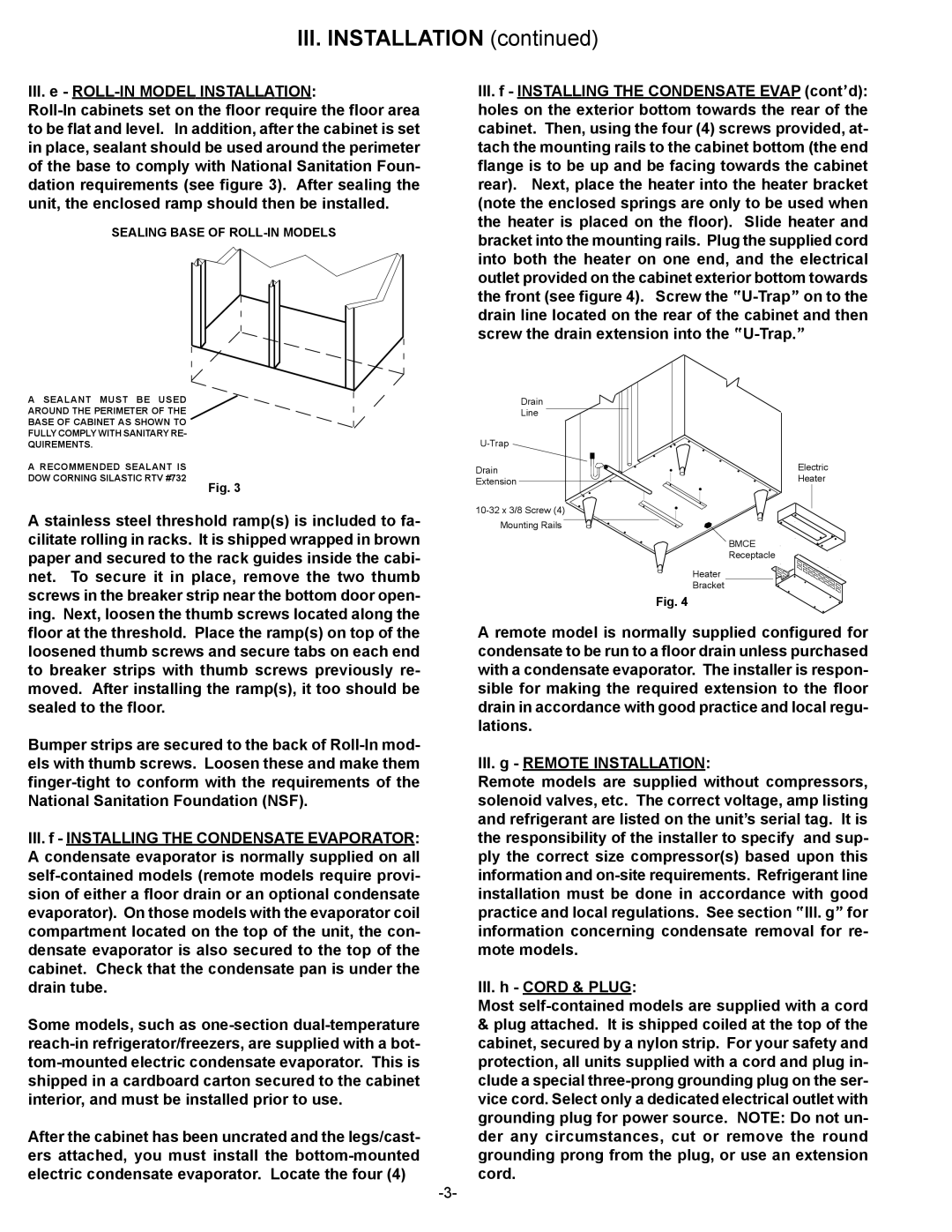 Traulsen RBF234HUT-FHS, RFS126NUT, RBF134HUT-FHS owner manual III. Installation, III. e ROLL-IN Model Installation 