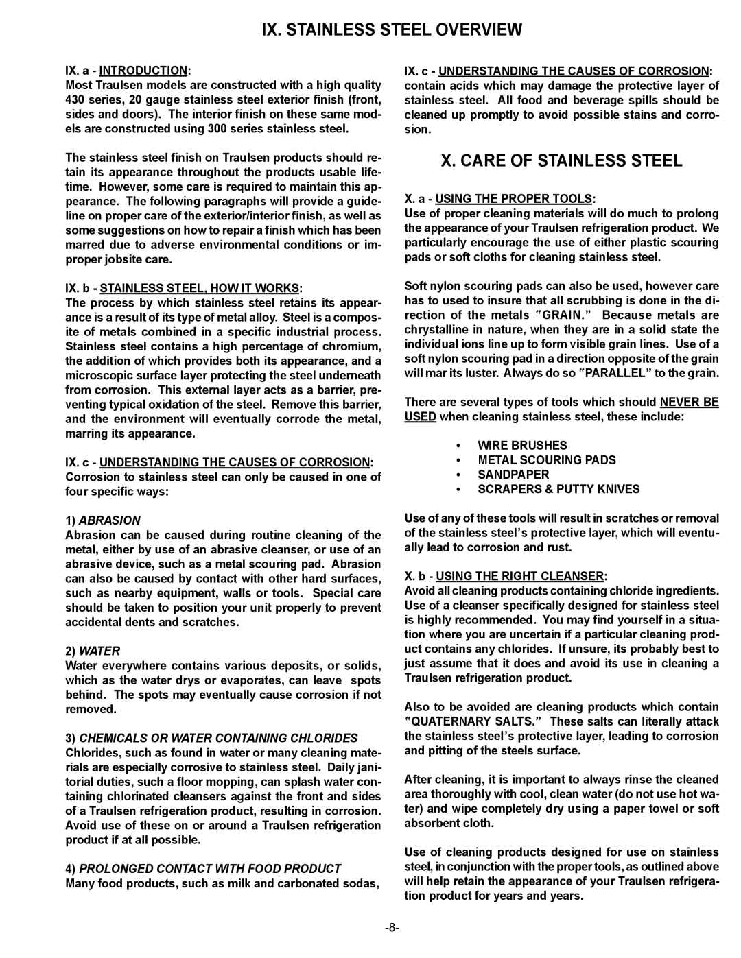 Traulsen RFS126NUT IX. Stainless Steel Overview, Care of Stainless Steel, IX. a Introduction, Using the Proper Tools 