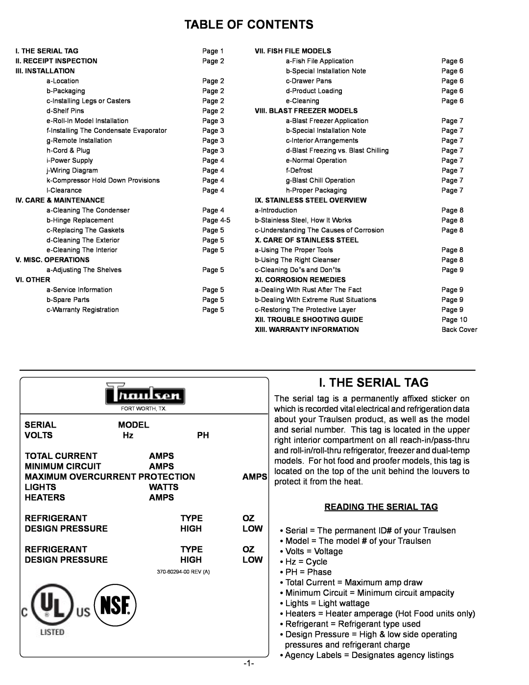 Traulsen RBF134HUT-FHS, RBF234HUT-FHS, RFS126NUT owner manual Table Of Contents, I. The Serial Tag 