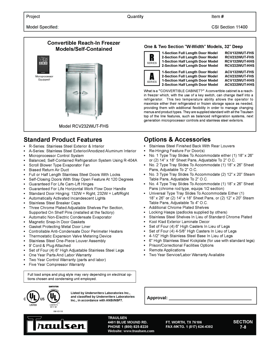 Traulsen RCV232WUT-FHS warranty Standard Product Features, Options & Accessories, Convertible Reach-In Freezer 