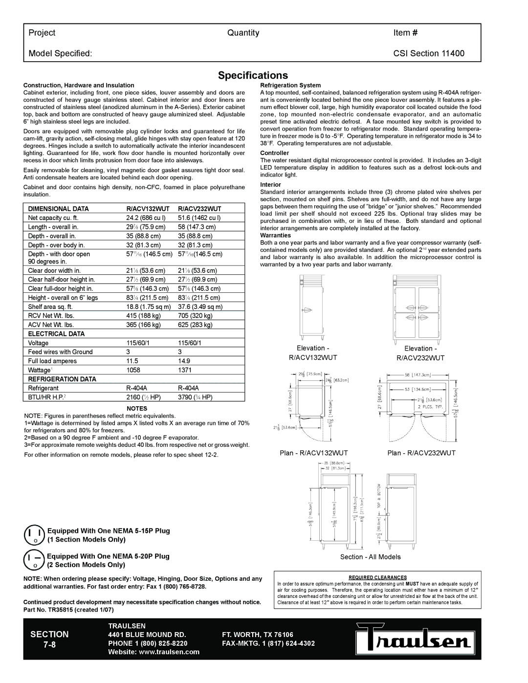 Traulsen RCV232WUT-FHS warranty Specifications, Dimensional Data ACV132WUT ACV232WUT, Electrical Data, Refrigeration Data 