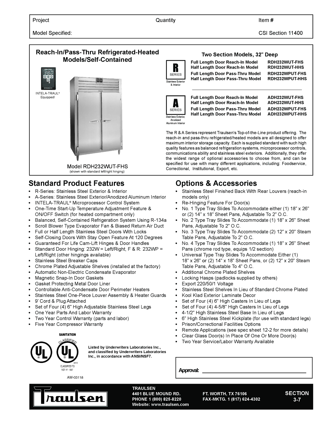 Traulsen RDH232WUT-FHS warranty Reach-In/Pass-Thru Refrigerated-Heated, Models/Self-Contained, Traulsen, Blue Mound RD 