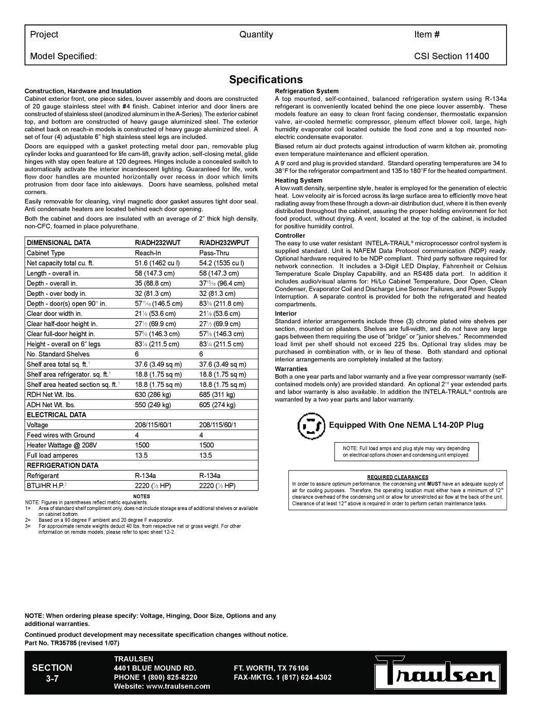 Traulsen RDH232WUT-FHS warranty Specifications, Construction, Hardware and Insulation 