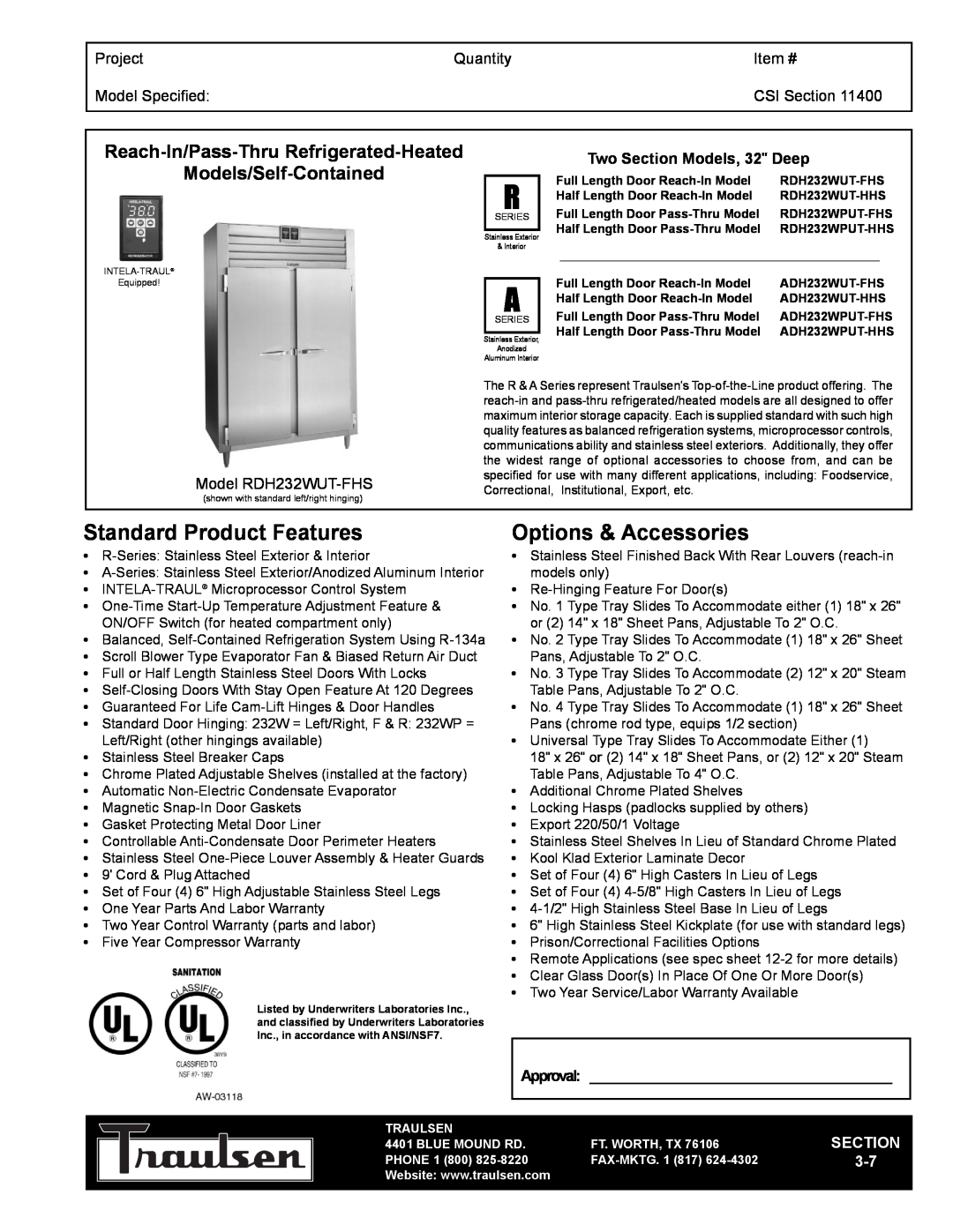 Traulsen RDH232WUT-FHS warranty Reach-In/Pass-Thru Refrigerated-Heated, Models/Self-Contained, Project, Quantity, Item # 