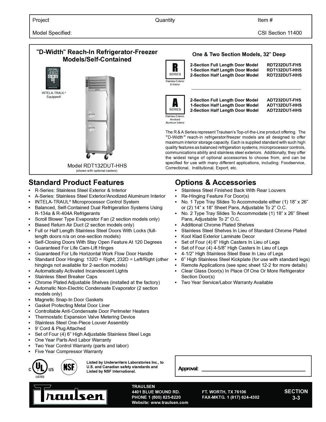 Traulsen RDT132DUT-HHS warranty WidthReach-In Refrigerator-Freezer, Models/Self-Contained, Traulsen, Blue Mound RD 