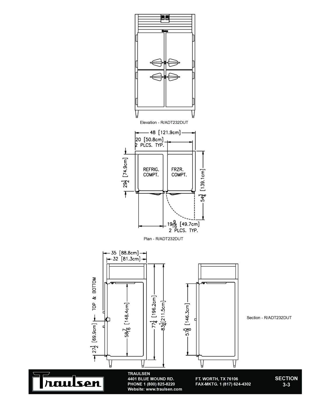 Traulsen RDT132DUT-HHS warranty Elevation R/ADT232DUT Plan R/ADT232DUT Section R/ADT232DUT 