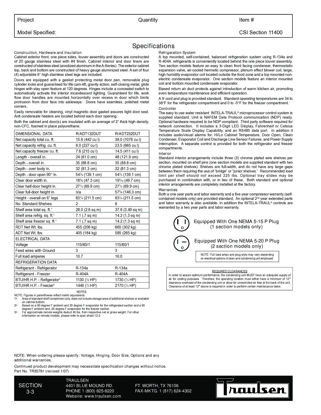 Traulsen RDT132DUT-HHS warranty Specifications, Construction, Hardware and Insulation 