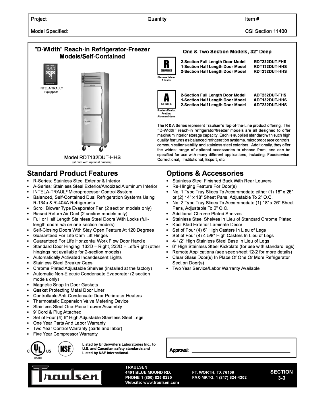 Traulsen RDT132DUT-HHS warranty D-Width Reach-In Refrigerator-Freezer, Models/Self-Contained, Project, Quantity, Item # 