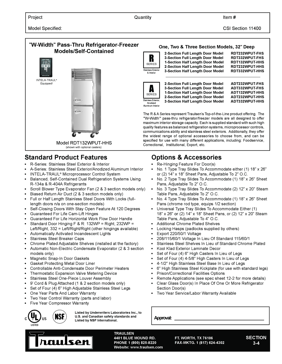 Traulsen RDT132WPUT-HHS warranty WidthPass-Thru Refrigerator-Freezer, Models/Self-Contained, Traulsen, Blue Mound RD 