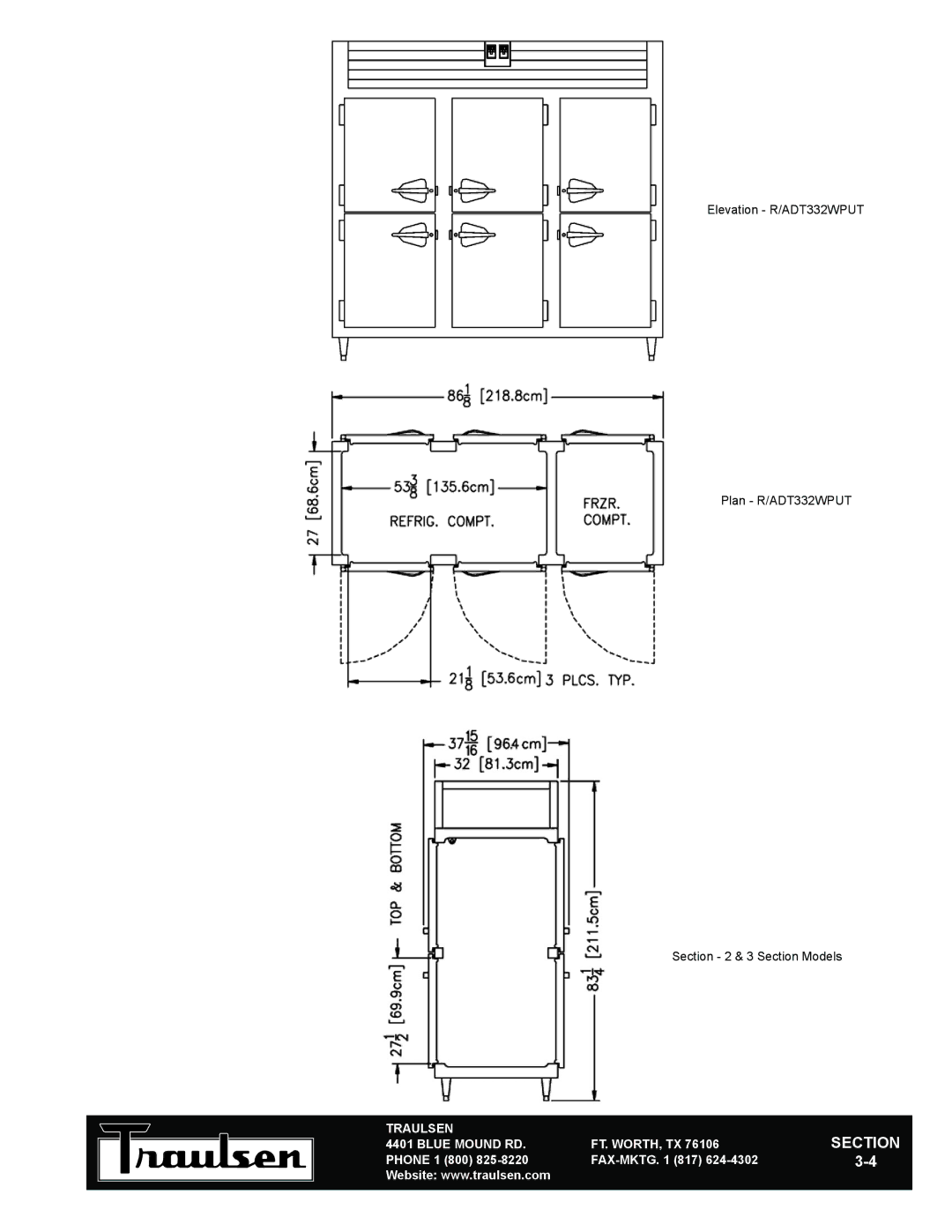 Traulsen RDT132WPUT-HHS warranty Elevation R/ADT332WPUT Plan R/ADT332WPUT Section Models 