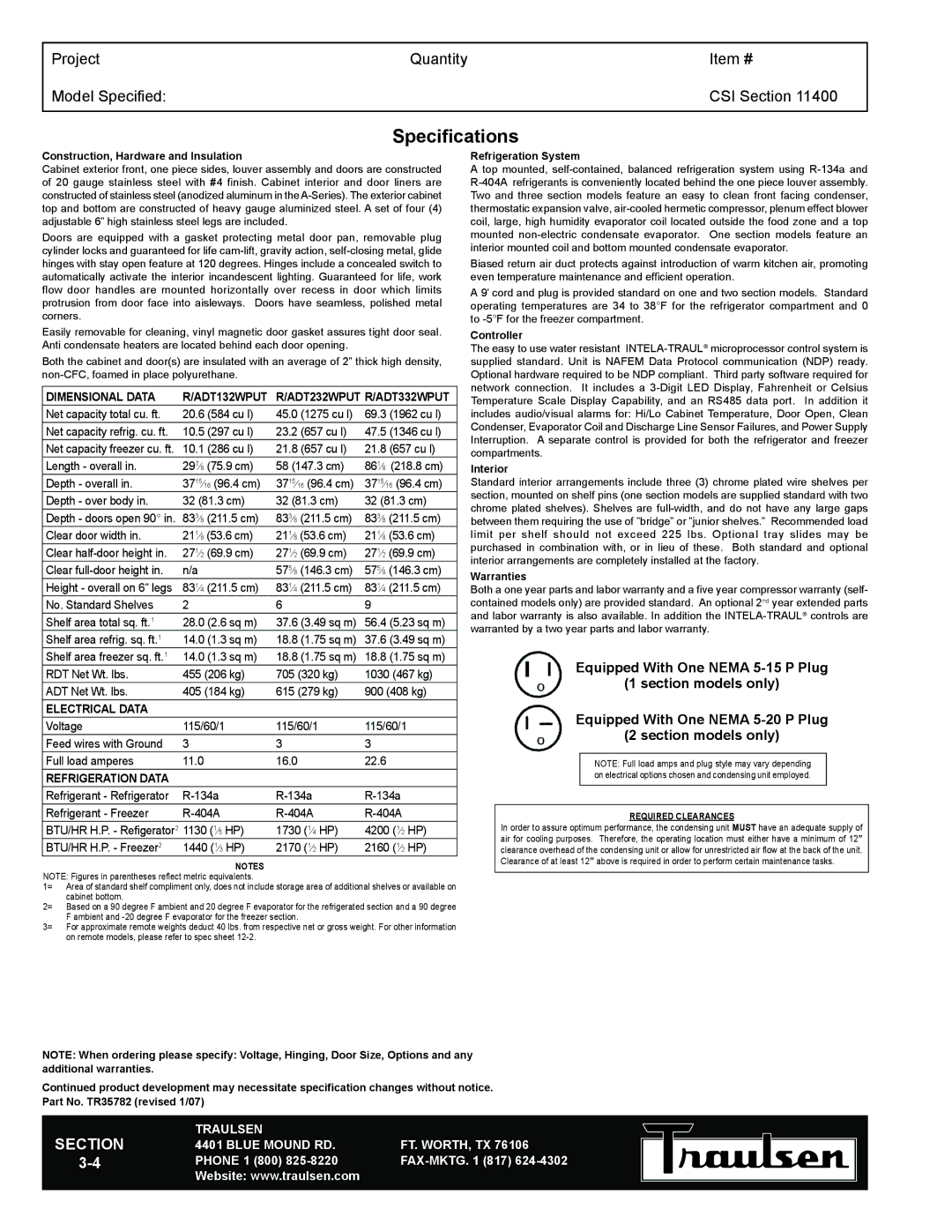 Traulsen RDT132WPUT-HHS warranty Specifications, Construction, Hardware and Insulation 