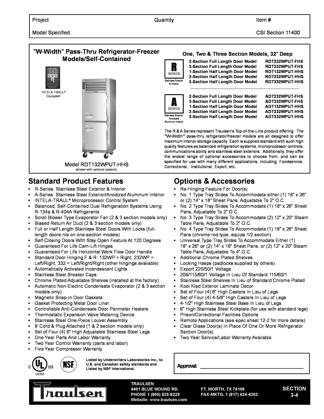 Traulsen RDT132WPUT-HHS warranty W-Width Pass-Thru Refrigerator-Freezer, Models/Self-Contained, Project, Quantity, Item # 