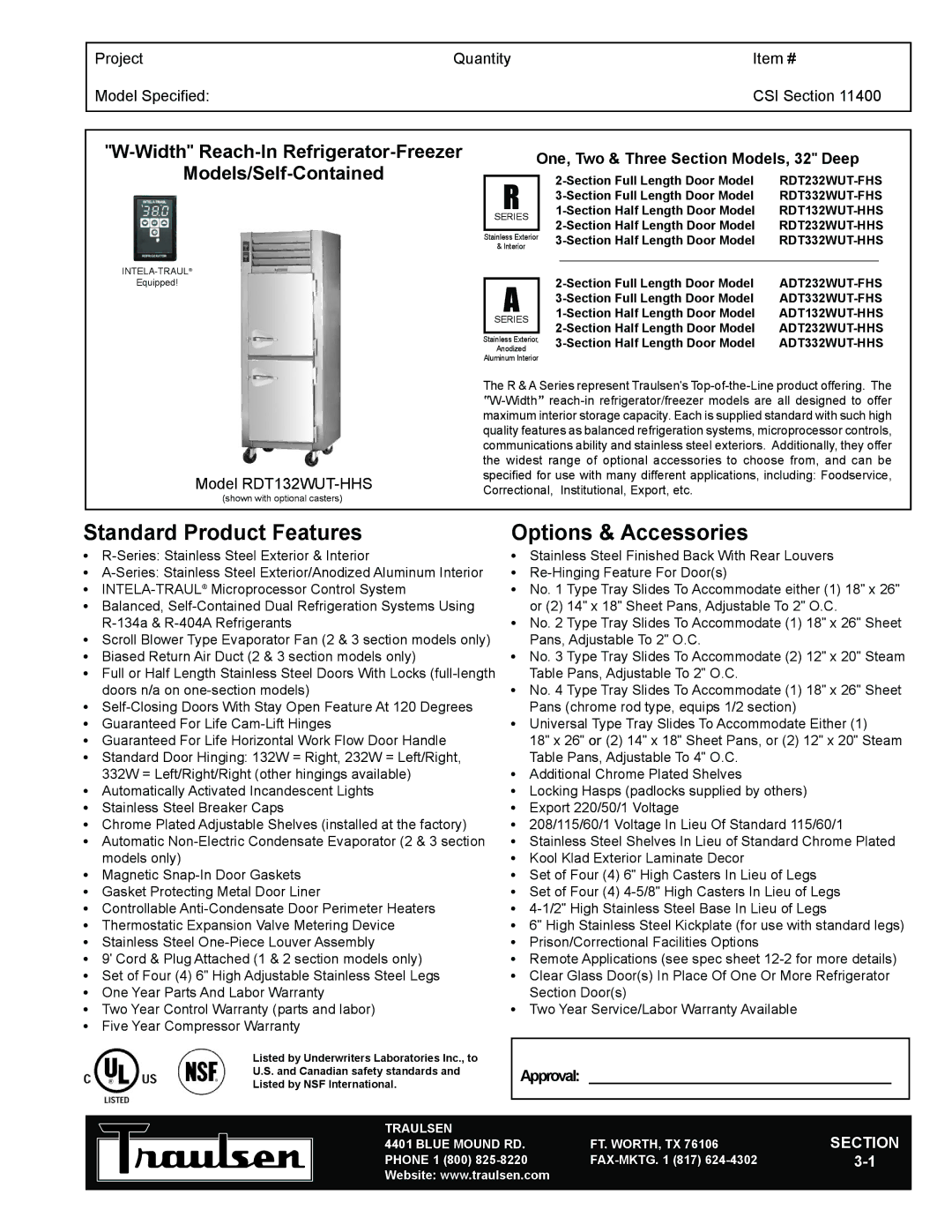 Traulsen RDT132WUT-HHS warranty WidthReach-In Refrigerator-Freezer, Models/Self-Contained, Traulsen, Blue Mound RD 