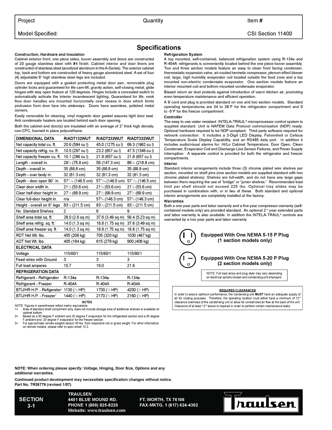 Traulsen RDT132WUT-HHS warranty Specifications, Construction, Hardware and Insulation 