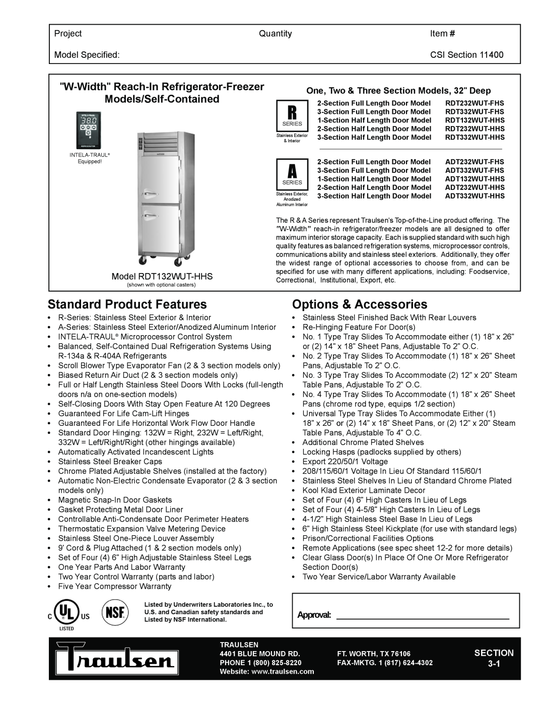 Traulsen RDT132WUT-HHS warranty W-Width Reach-In Refrigerator-Freezer, Models/Self-Contained, Project, Quantity, Item # 