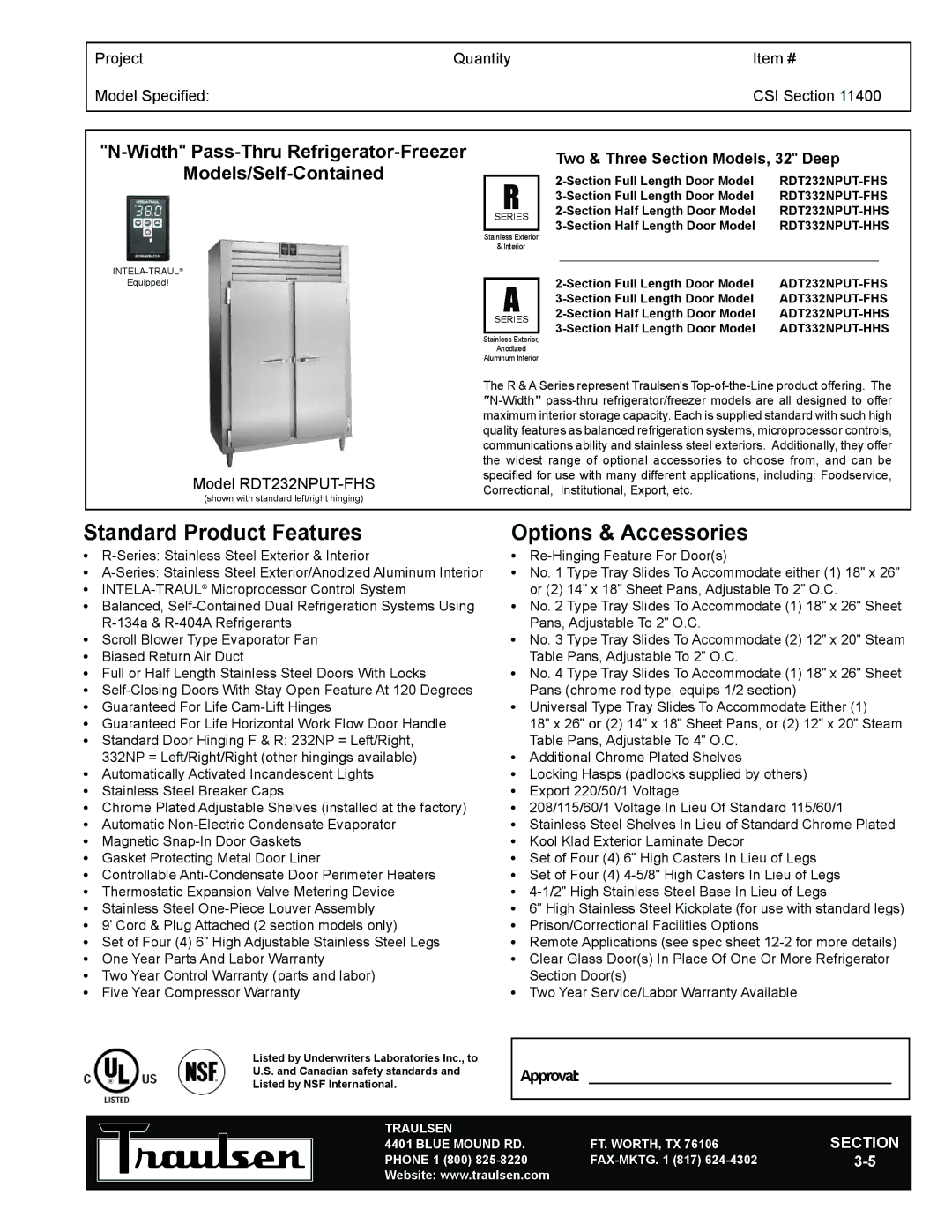 Traulsen RDT332NPUT-FHS, RDT232NPUT-HHS, RDT232NPUT-FHS warranty WidthPass-Thru Refrigerator-Freezer, Models/Self-Contained 