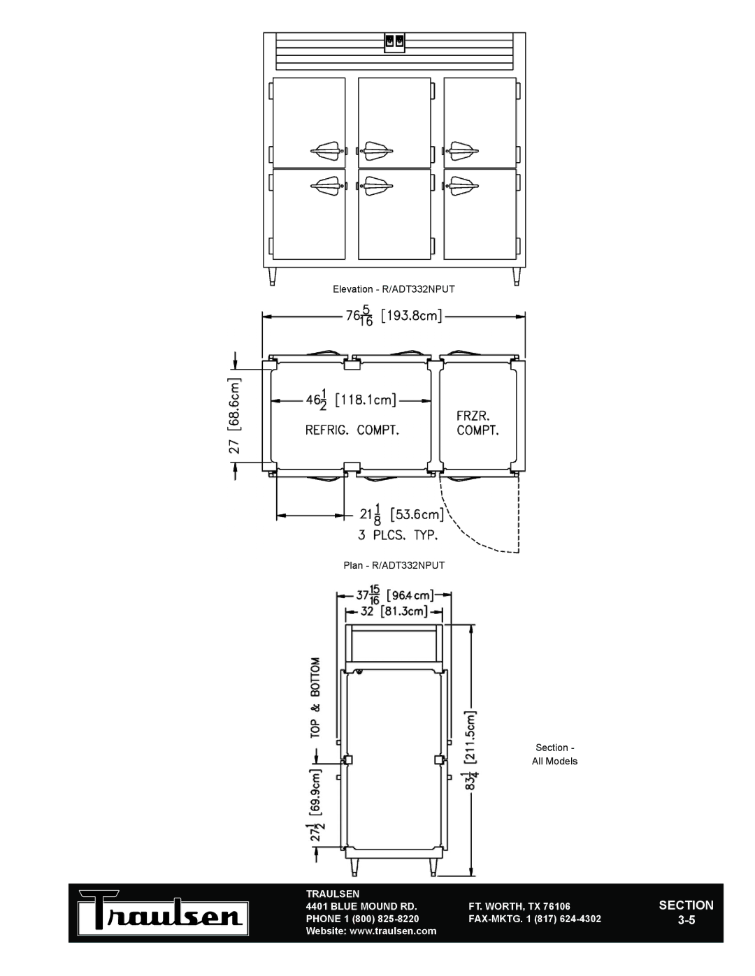 Traulsen RDT332NPUT-HHS, RDT232NPUT-HHS, RDT332NPUT-FHS warranty Elevation R/ADT332NPUT Plan R/ADT332NPUT Section All Models 