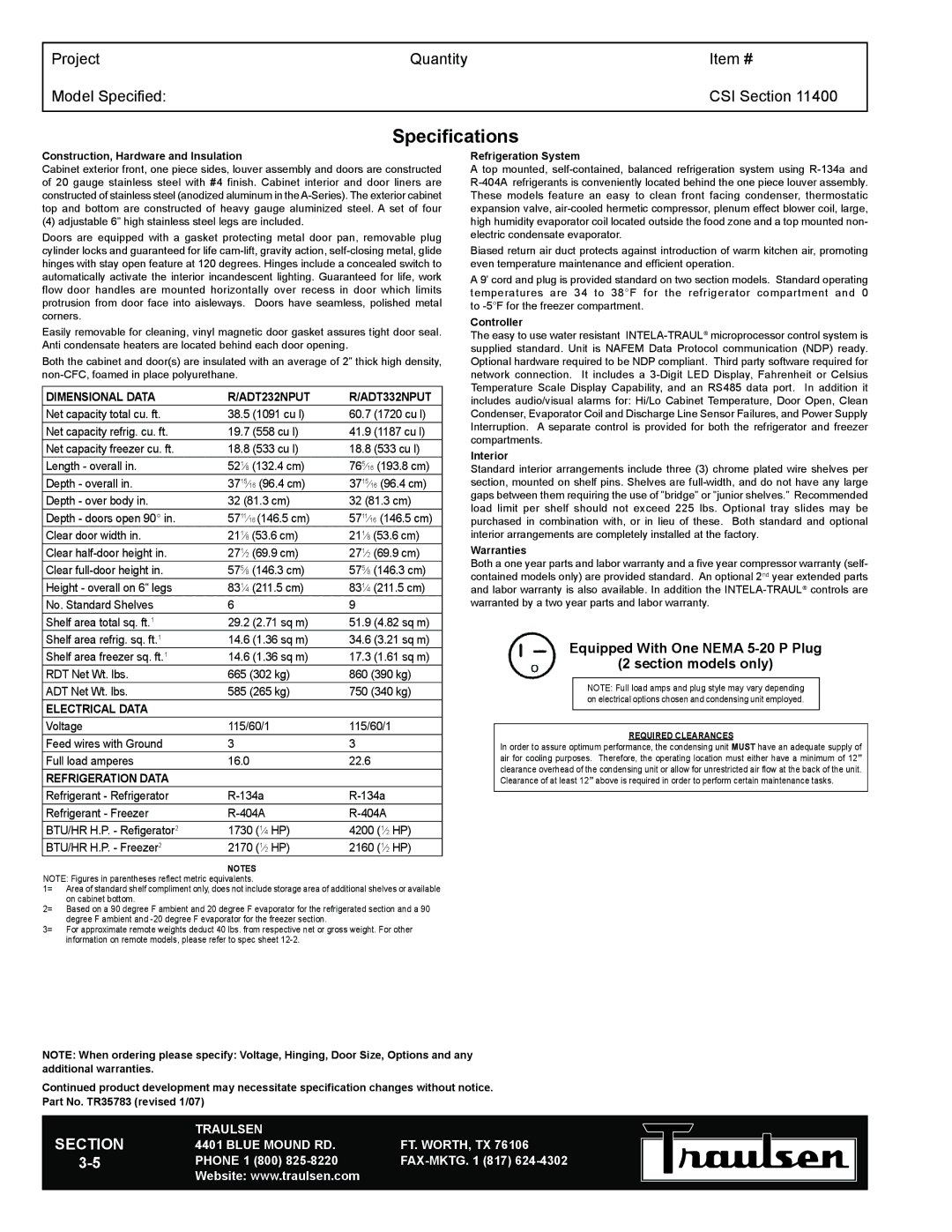 Traulsen ADT232NPUT-FHS, RDT232NPUT-HHS, RDT332NPUT-FHS warranty Specifications, Construction, Hardware and Insulation 