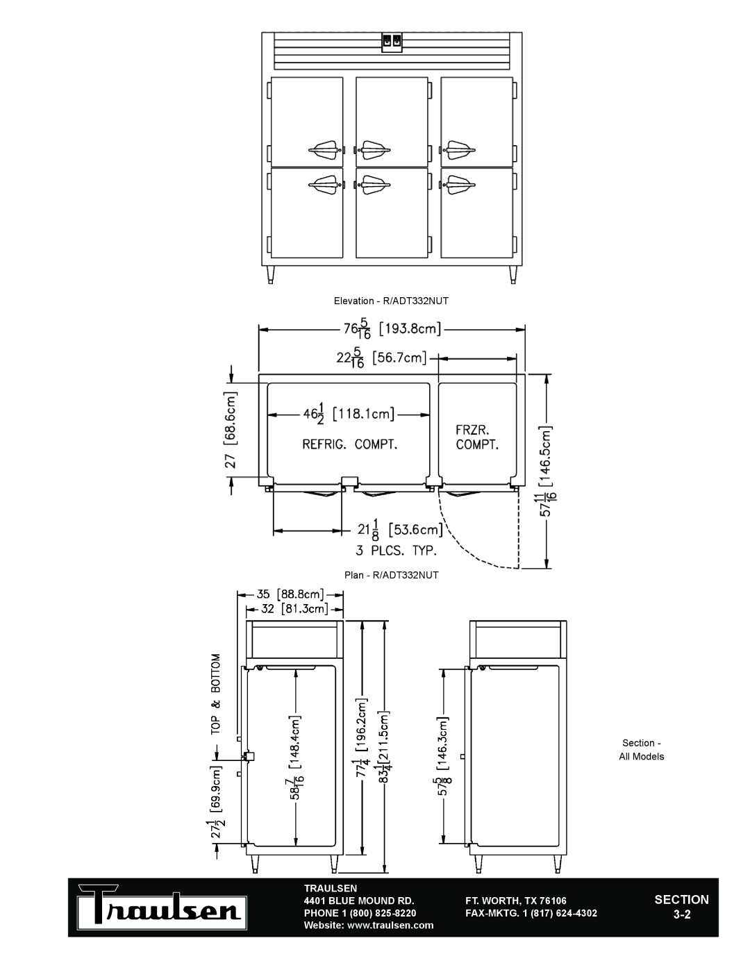 Traulsen RDT332NUT-FHS, RDT232NUT-HHS, RDT332NUT-HHS warranty Elevation R/ADT332NUT Plan R/ADT332NUT Section All Models 