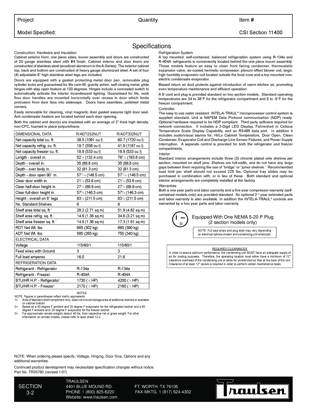 Traulsen ADT332NUT-HHS, RDT232NUT-HHS, RDT332NUT-HHS, RDT232NUT-FHS Specifications, Construction, Hardware and Insulation 