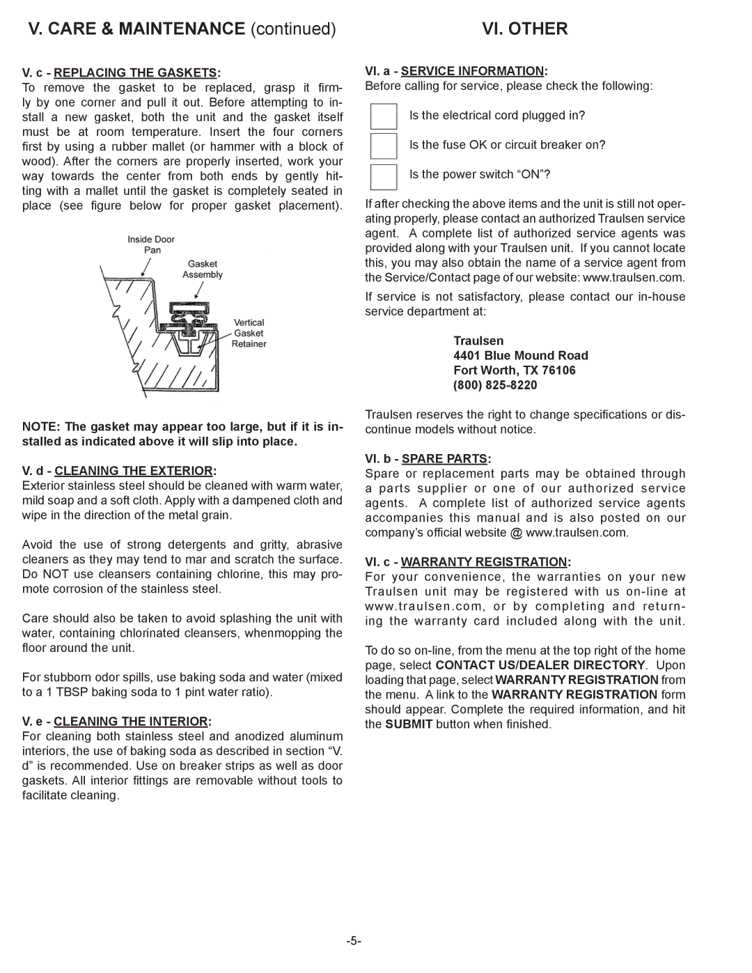 Traulsen RET232EUT Replacing the Gaskets, Cleaning the Exterior, Cleaning the Interior, VI. a Service Information 