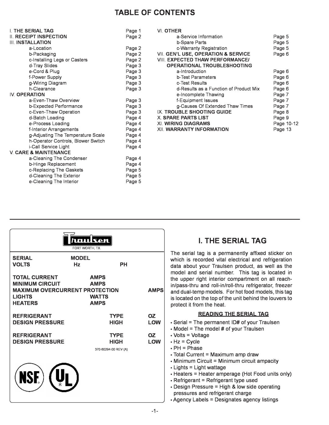 Traulsen RET132EUT Table Of Contents, I. The Serial Tag, Model, Volts, Total Current, Amps, Minimum Circuit, Lights, Watts 