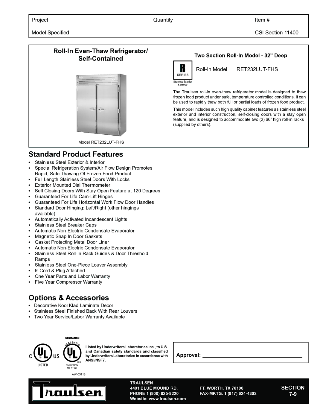 Traulsen RET232LUT-FHS warranty Standard Product Features, Options & Accessories 