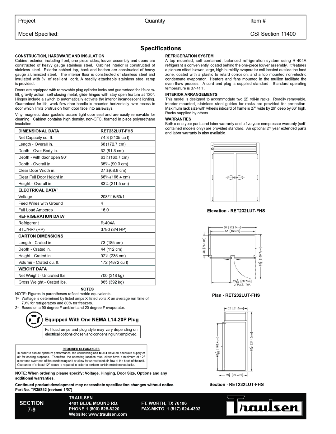 Traulsen warranty Dimensional Data RET232LUT-FHS, Electrical DATA1, Refrigeration DATA1, Carton Dimensions, Weight Data 