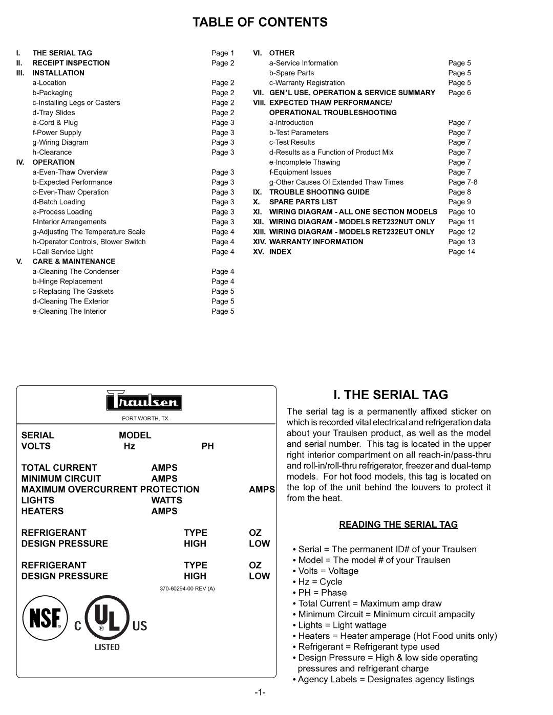 Traulsen RET232EUT-HHS, RET232EUT-FHS, RET132EUT-FHS, RET132EUT-HHS owner manual Table of Contents, Serial TAG 