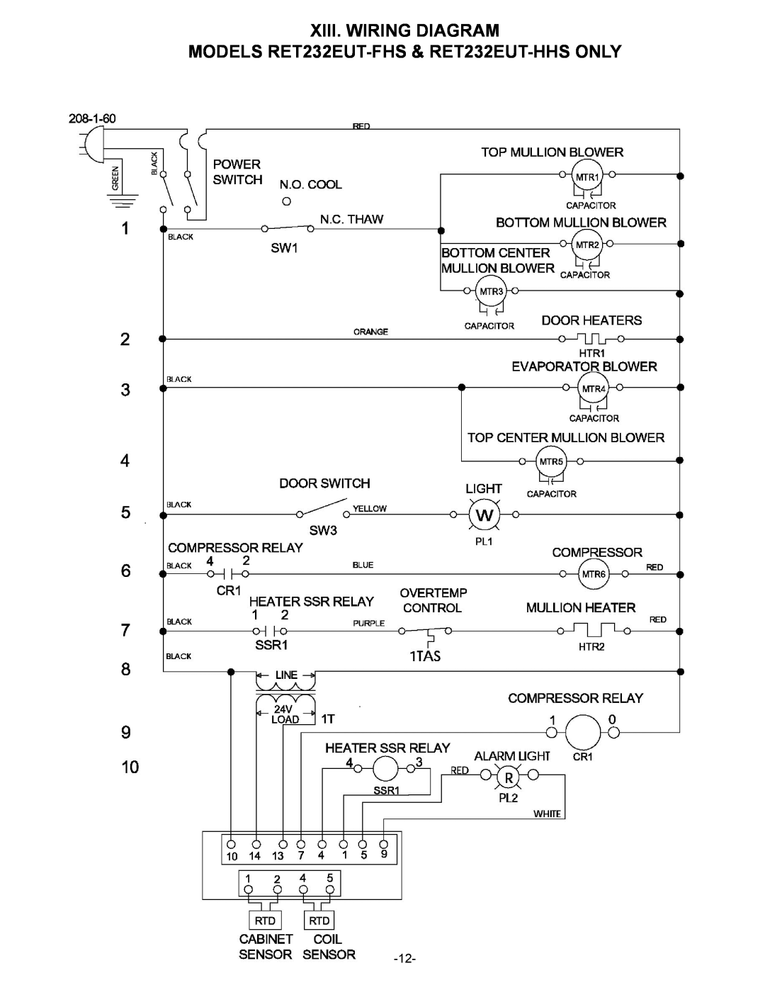 Traulsen RET132EUT-HHS, RET132EUT-FHS owner manual Xiii. Wiring Diagram, MODELS RET232EUT-FHS& RET232EUT-HHSONLY 