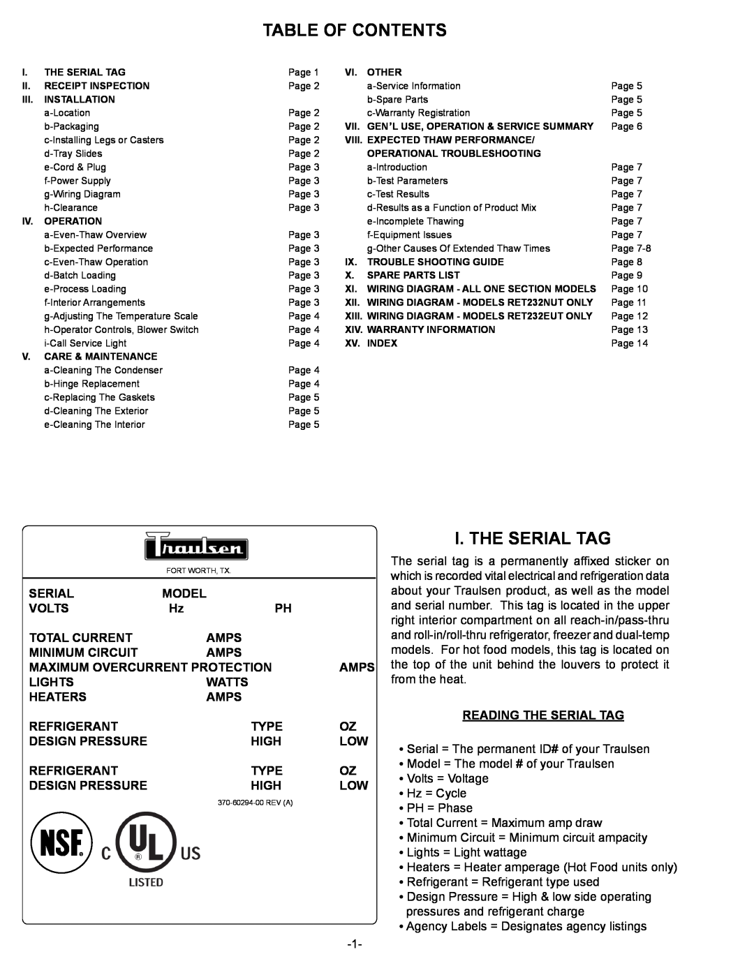Traulsen RET232EUT-HHS, RET232EUT-FHS, RET132EUT-FHS, RET132EUT-HHS owner manual Table Of Contents, I. The Serial Tag 