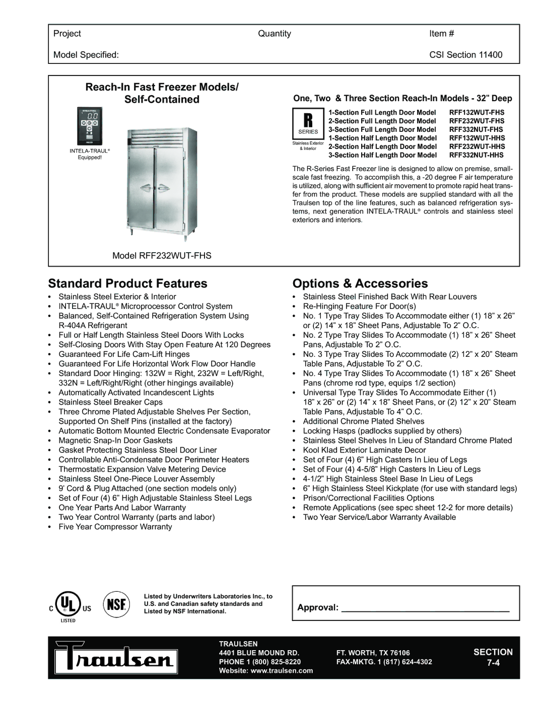 Traulsen RFF232WUT-HHS, RFF132WUT-FHS warranty Reach-In Fast Freezer Models Self-Contained, Traulsen, Blue Mound RD 