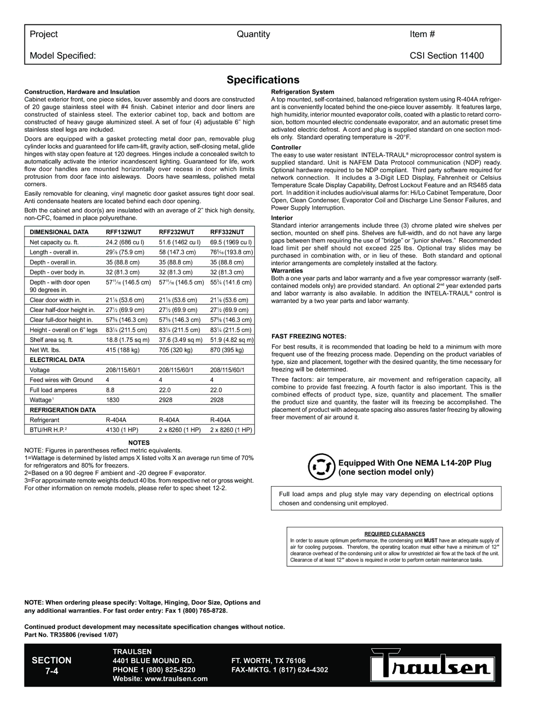 Traulsen RFF332NUT-HHS, RFF132WUT-FHS warranty Specifications, Equipped With One Nema L14-20P Plug one section model only 